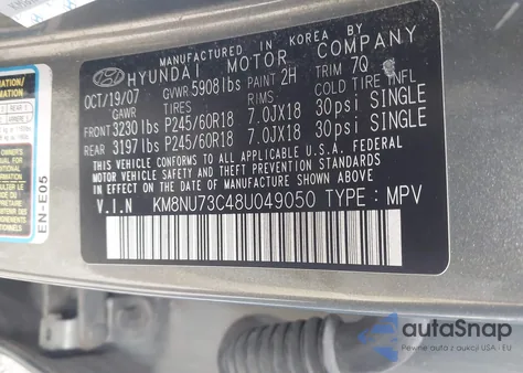 2008 Hyundai Veracruz Gls/Limited/Se from USA, damaged, VIN KM8NU73C48U049050